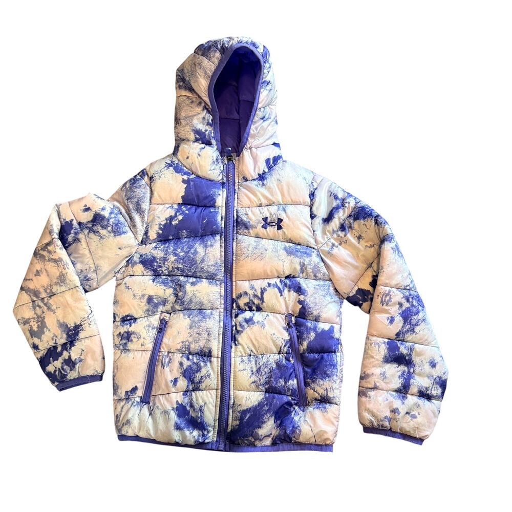 Under Armour youth hooded puffer jacket featuring tie-dye pattern